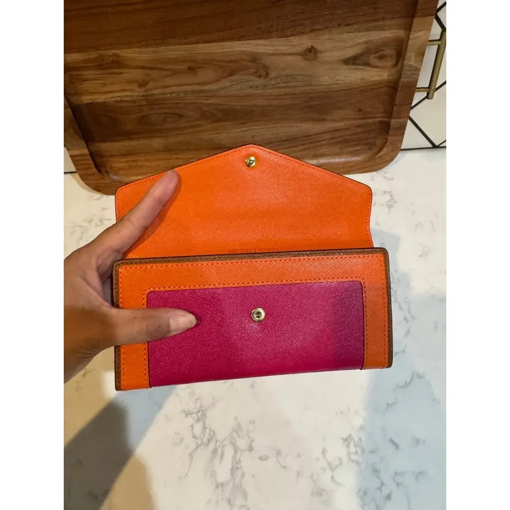Michael Kors Saffiano Leather Envelope Carryall Wallet pink orange vibrant